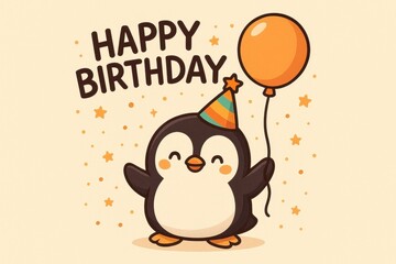 Cute penguin holding balloon and wearing party hat for birthday