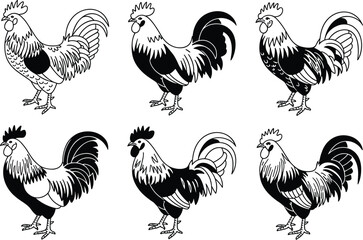 Black and white rooster vector set, stylized farm chicken illustrations, traditional line art poultry design, rustic vintage clipart collection