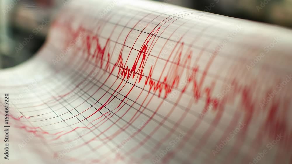 Aufkleber seismograph needle tracing intense red lines across graph paper, capturing powerful seismic wave dat