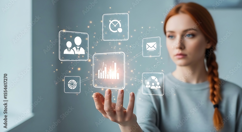 Poster redheaded woman displays interactive data analytics and business applications interface, exploring v