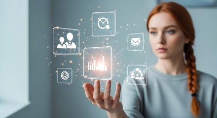 Redheaded woman displays interactive data analytics and business applications interface, exploring virtual digital transformation