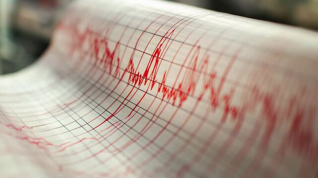 Seismograph needle tracing intense red lines across graph paper, capturing powerful seismic wave data revealing earth's underlying geological movements