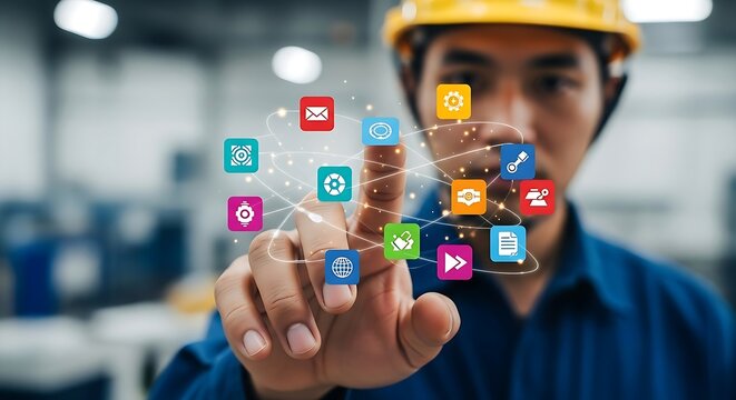 Asian engineer in yellow hardhat interacts with digital interface in modern technology factory setting.