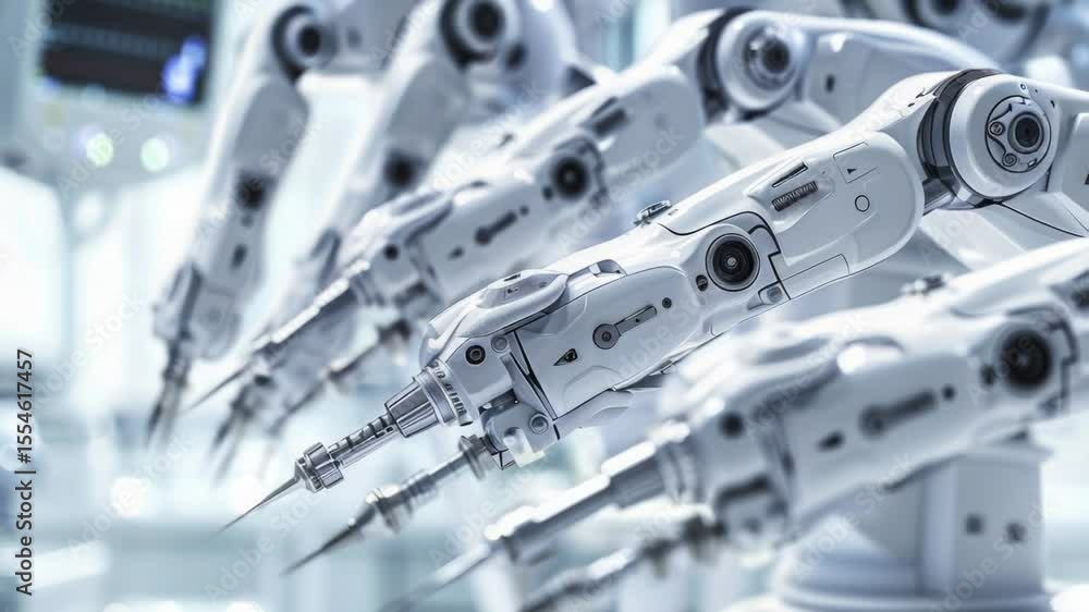 Poster A group of robots standing in a modern room, perfect for futuristic or sci-fi concepts