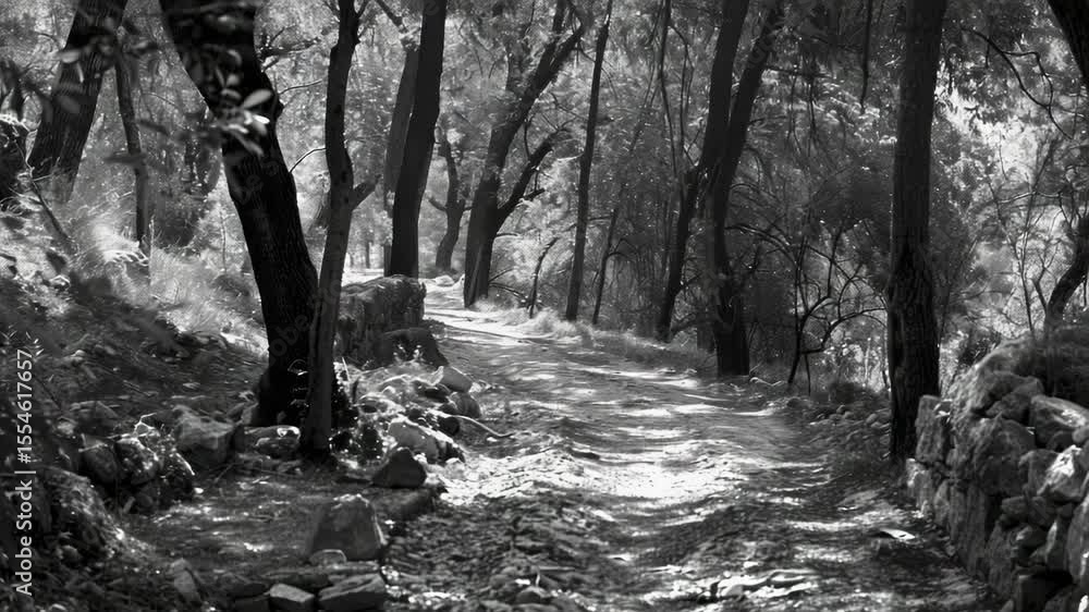 Poster A serene forest path on a misty day, great for use as a background or to represent solitude