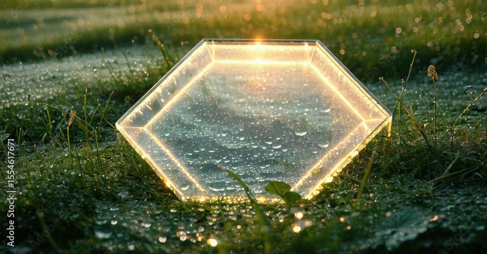 Poster hexagonal prism rests upon lush grass. light emanates from within, creating glowing effect. dewdrops