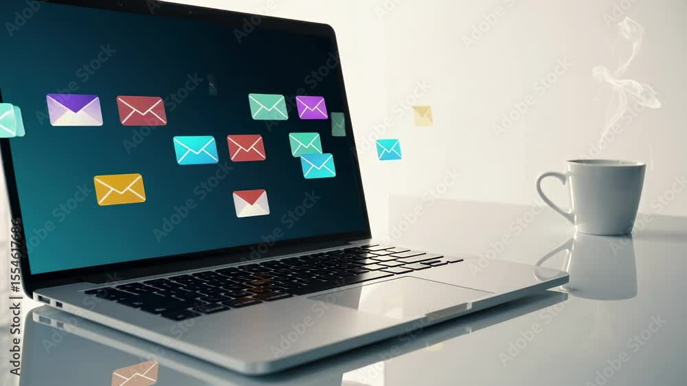 Aufkleber colorful email icons are flying out of a laptop screen on a reflective surface, next to a steaming c