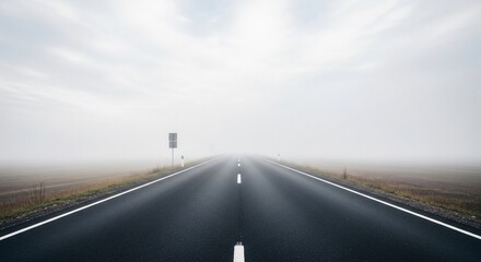 A straight asphalt road disappearing into the heavy fog on a cloudy day with roadside scenery visible