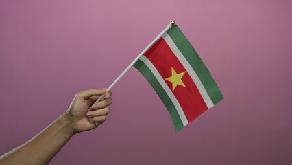 Man holding suriname flag against pink wall with isolated background in a closeup shot.