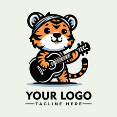 Cute cartoon tiger playing an acoustic guitar, a logo design concept.