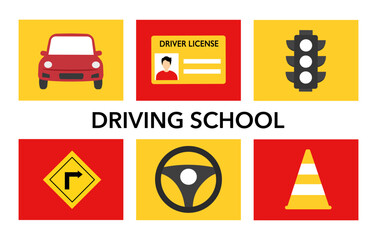 Driving school vector banner template. Car, traffic light, driver license and road sign in flat design.