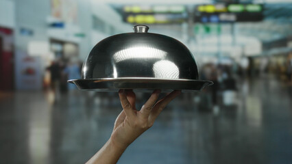 Hand of man holding a cloche at an airport terminal showcasing hospitality in a busy indoor travel...