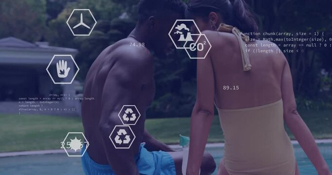 couple placing bottle initiating poolside tech hex icons and JavaScript code monitoring eco data