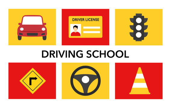 Driving school vector banner template. Car, traffic light, driver license and road sign in flat design.