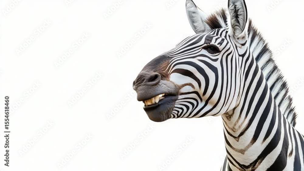 Poster a close-up view of a zebra's face, its mouth open in a natural expression