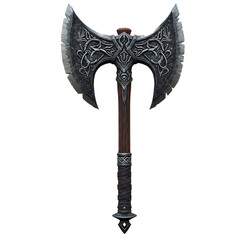 ornate double bladed axe fantasy weapon isolated on white background 