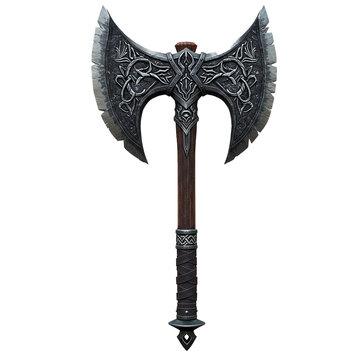 ornate double bladed axe fantasy weapon isolated on white background 