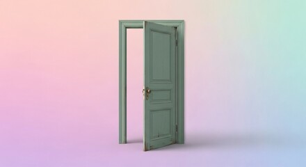 A slightly open green door stands against a pastel gradient background in a minimalist composition