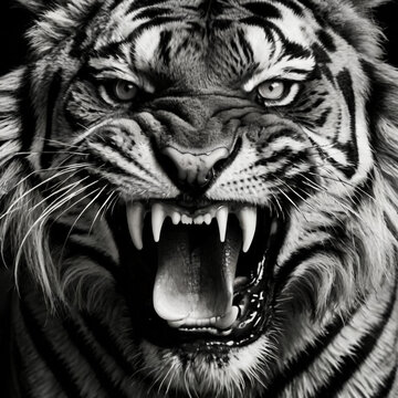 A powerful tiger shows its teeth in a menacing snarl with intense eyes and striped fur in a close up black and white portrait