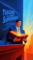 Celebrating teachers as superheroes in vibrant urban setting during sunrise with bold colors and inspiration. Back to School Month