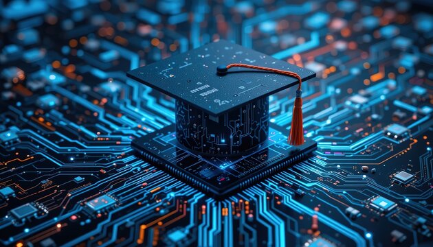 Graduation cap top on circuit board education tech integration. Modern concept for learning innovation, future career, smart technology. Digital transformation, online learning,  8k resolution