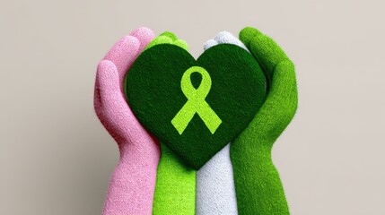 Hands in various colors hold a green heart with a ribbon symbolizing support for mental health awareness. National Minority Donor Awareness Week and Day