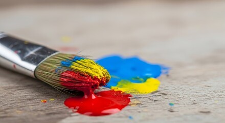Colorful Paint Brush with Red Yellow Blue Acrylic Colors on Wooden Surface Macro