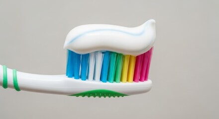 Colorful Rainbow Toothbrush with White Toothpaste Isolated on Neutral Background