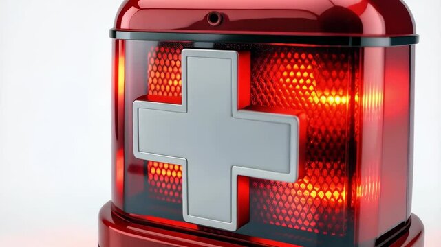 Emergency lighting with a white cross and red light isolated on white background, medical care equipment.