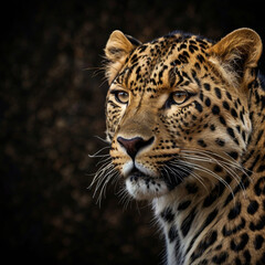 Fototapeta premium A striking leopard portrait showcases its intense gaze and distinctive spotted coat against a dark backdrop