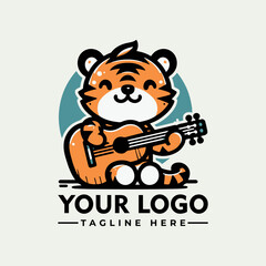 A cute cartoon tiger playing a guitar, sitting against a light blue circle.