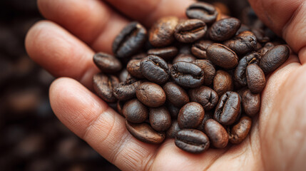 Close up of a hand holding roasted coffee beans.