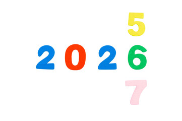 testo anno 2025, 2026, 2027 con sagoma di lettere realizzate in legno colorato isolate su sfondo...