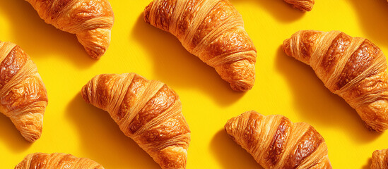 Golden, flaky croissants on a vibrant yellow background banner.