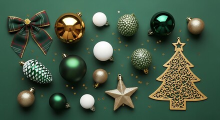 Elegant Christmas Decorations Green, Gold, and White Festive Ornaments for a Sparkling Holiday