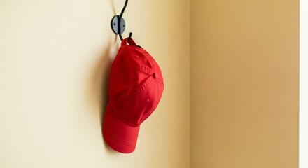A red baseball cap hanging on a black metal hook mounted on a beige wall in an indoor setting area
