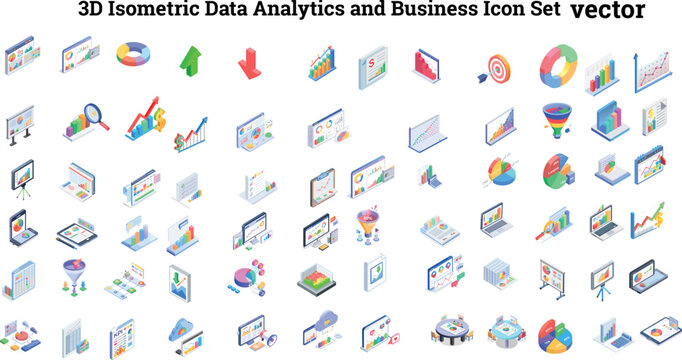 Comprehensive 3D Isometric Data Analytics and Business Icon Set Collection