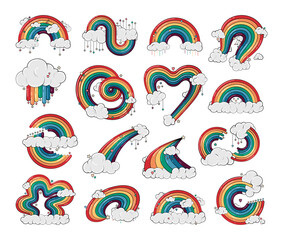 Set of cute rainbow and clouds with hearts and stars