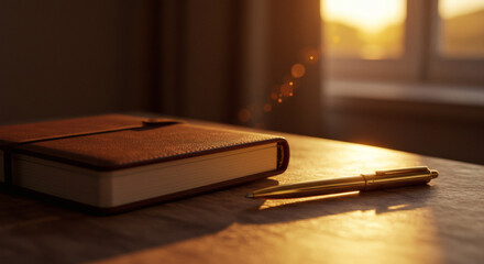 Golden Pen and Leather Journal on Wooden Desk in Warm Sunset Light