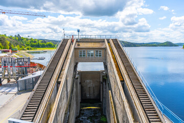 View of the impressive boat lift at Orlik Dam, which efficiently elevates vessels between different...
