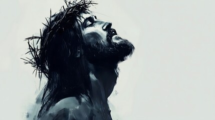 Fototapeta premium Digital Painting of Jesus Christ with Crown of Thorns Looking Up in Spiritual Expression