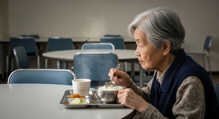 Elderly Asian Woman Eating Alone in Senior Community Dining Hall