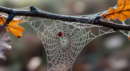 Dew Covered Spiderweb with Ladybug on Autumn Branch Macro Photography