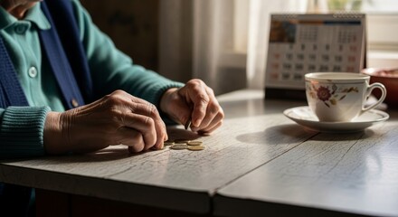 Elderly Hands Counting Coins on Wooden Table with Calendar and Tea Cup