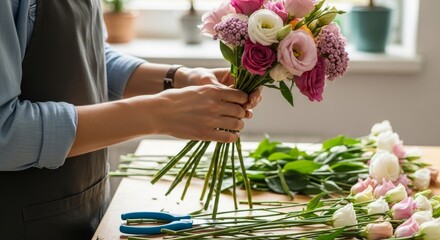 Florist Creating Pink and White Rose Bouquet with Professional Floral Arrangement Technique