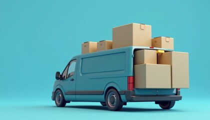 Light-blue delivery van loaded with cardboard boxes.