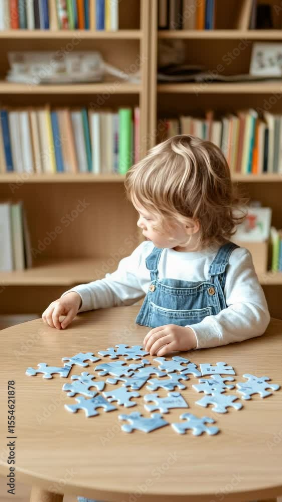 Poster Young student in denim overalls concentrating on connecting puzzle pieces at a round table in a classroom library, enhancing problem solving and fine motor skills