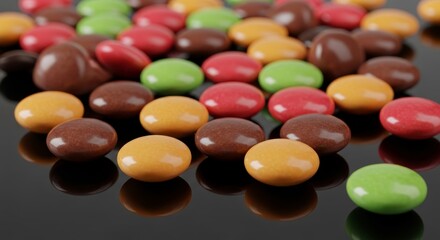 Colorful Chocolate Candies Scattered on Reflective Black Surface Macro Photography