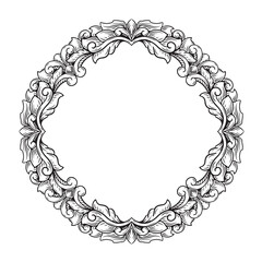 Illustration of floral frame with black and white contour on white background