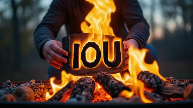 Engulfing Flames of Burning Log Dramatic Scene of Financial Obligation and Debt Symbolized by IOU in Natures Campfire Glow